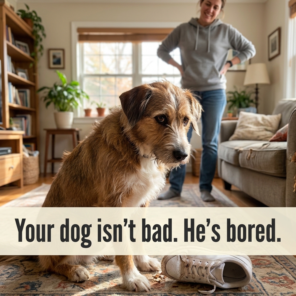 A friendly dog beside a chewed sneaker on a living-room rug